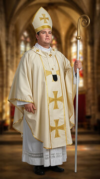 Catholic bishop in cream chasuble and miter holding crozier in cathedral