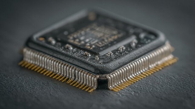 Single gray processor microchip component on dark surface isolated macro photography