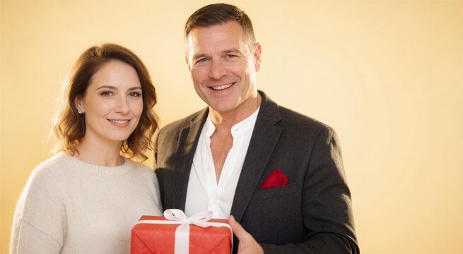 Couple exchanging a New Year gift against a warm yellow background, smiling genuinely in a professional portrait setting.