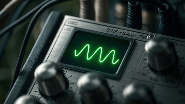 Close-up of an analog LFO synthesizer module showing a green waveform on a backlit display with metal knobs