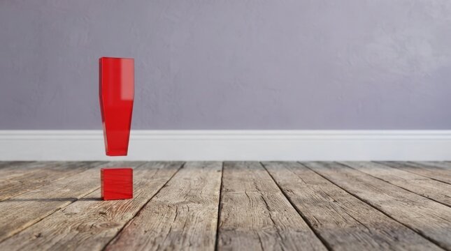 Striking 3D red exclamation mark graphic on wooden surface with neutral backdrop ideal for modern alerts web banners marketing materials.