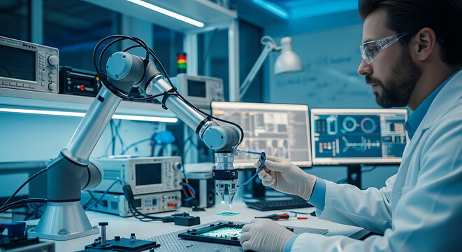 Male technician adjusting robotic arm on workbench in high-tech laboratory