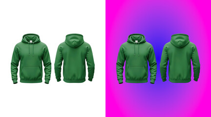 Two green hooded sweatshirts shown from the front and back, isolated on a white background, for clear apparel, product display © SP Creative Lens