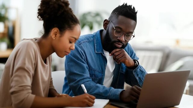 Woman and man reviewing household finances together with laptop and notes, planning a budget and managing personal expenses at home