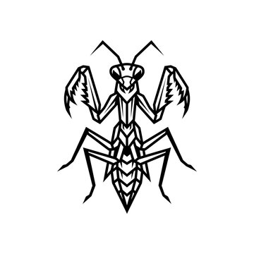 Minimalist geometric praying mantis icon, black and white vector illustration