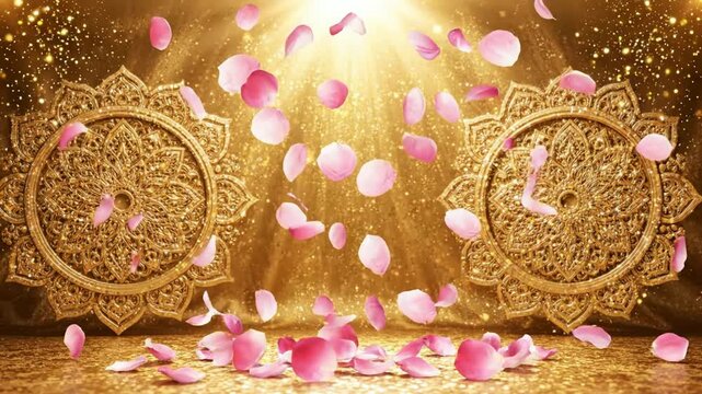 Golden mandala background, with falling pink, rose petals wedding, and celebration motion, luxury