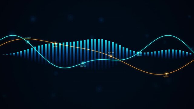 Digital sound wave animation, abstract audio waveform background, blue and gold frequency bars, dynamic equalizer visualization, music spectrum motion, technology data concept