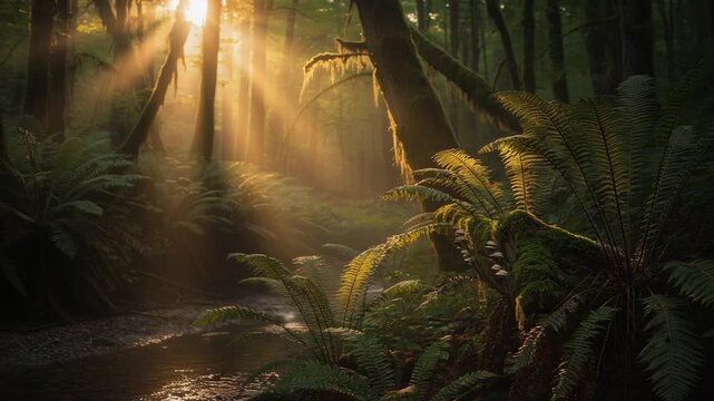 Sunlight streaming through lush green forest with ferns and mossy trees over a tranquil stream
