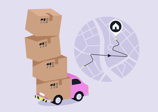 In this vibrant scene, a pink delivery truck carries stacked boxes while a detailed map shows the route to a destination, embodying the essence of delivery efficiency.