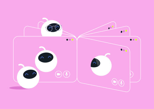 cheerful robot AI agents are engaged in a lively team call, surrounded by colorful digital screens, Their friendly expressions show enthusiasm for teamwork and creativity.