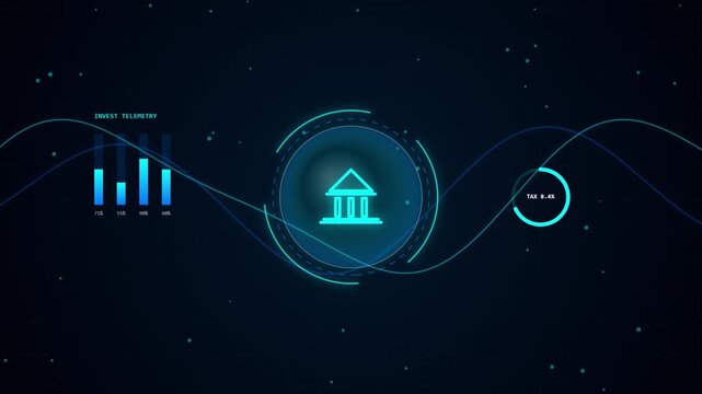 Futuristic fintech interface with data graphs, digital banking building icon and modern finance graphics