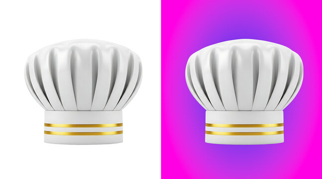 White chef hat with gold decorative stripes, isolated on a white background, for culinary, cooking, and restaurant industry, visual concepts