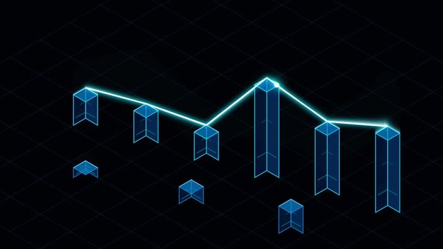 Futuristic isometric bar chart. Glowing blue data visualization. Neon business graph on black grid.