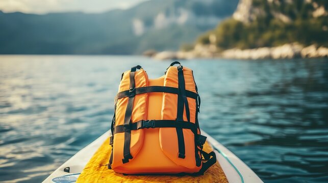 A vibrant orange life jacket sits neatly on a paddleboard, awaiting its next journey. The serene water reflects the mountains, creating a peaceful scene perfect for exploration
