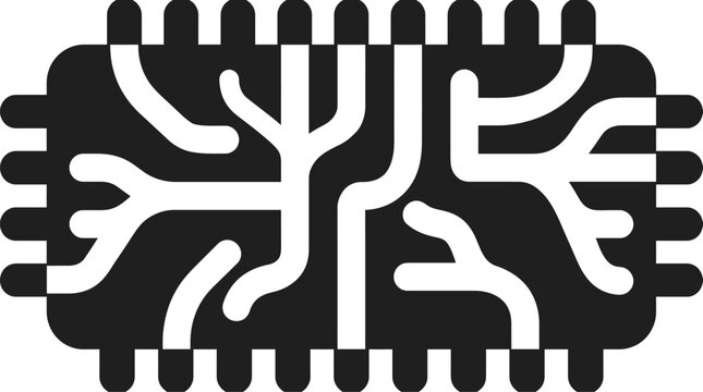 Abstract digital illustration of an artificial intelligence neural network processor chip with glowing circuit connections