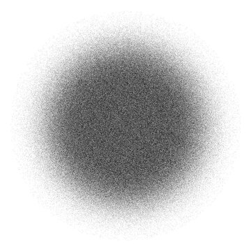 Abstract circular gradient texture with stippled noise effect, grainy black and white dot pattern isolated on transparent background