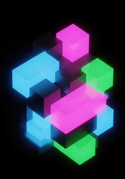 Vibrant neon blocks and geometric shapes interlocking on a dark black background, creating a glowing techno puzzle with futuristic light, texture, bright, puzzle