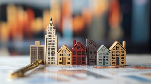 Small models of vibrant houses stand atop a detailed map depicting projected real estate prices across bustling metropolitan areas. The colorful structures hint at new possibilities and urban growth