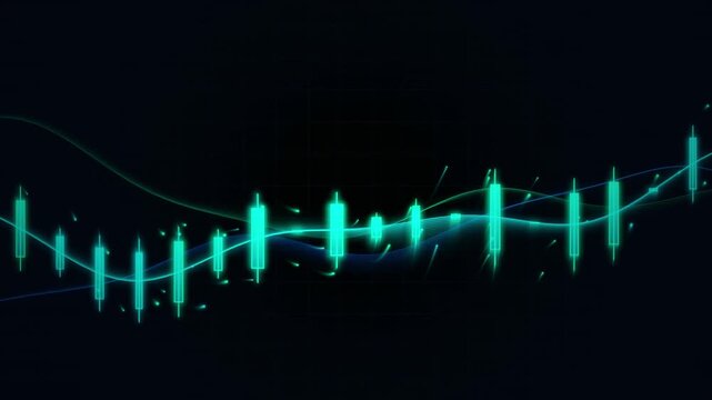 Futuristic cyan candlestick chart for financial trading and stock market analysis on dark background. Glowing vector illustration for business and investment strategies