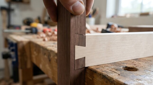 Woodworker assembling a precise dovetail joint in a carpentry workshop for furniture production