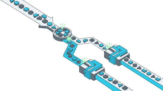 Enterprise workflow routing with mixed tasks sorted through a validation checkpoint into compatible processing paths on a clean technology background