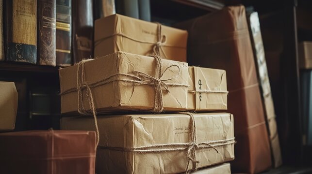 A stack of folded boxes tied with twine sits gracefully next to weathered books on a wooden shelf. The warm light reflects a serene atmosphere, inviting quiet thoughts