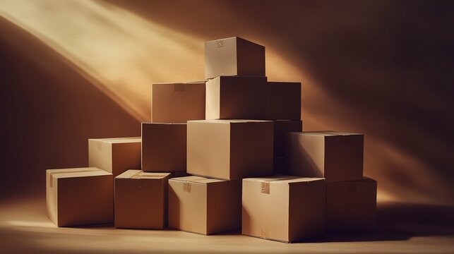 In a warm-toned room, a neatly arranged stack of cardboard boxes awaits shipment. Soft light filters through, creating an inviting atmosphere. Each box is labeled, ready for delivery