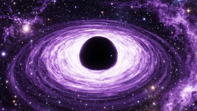Deep space black hole with glowing purple accretion disk and nebula clouds in outer space universe galaxy