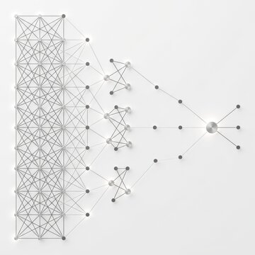 Approval workflow with complex decision network simplifying into a clear final authority path, connected nodes, structured hierarchy and copy space
