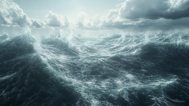 Turbulent waves surge and crash against one another as dark clouds loom overhead at the edge of twilight. The scene captures nature&rsquo;s raw power and beauty in a dramatic display
