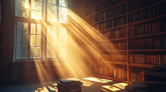 Warm sunlight pours through tall library windows, illuminating rows of books and creating a peaceful ambiance. Dust motes float gently in the golden glow, inviting quiet reflection
