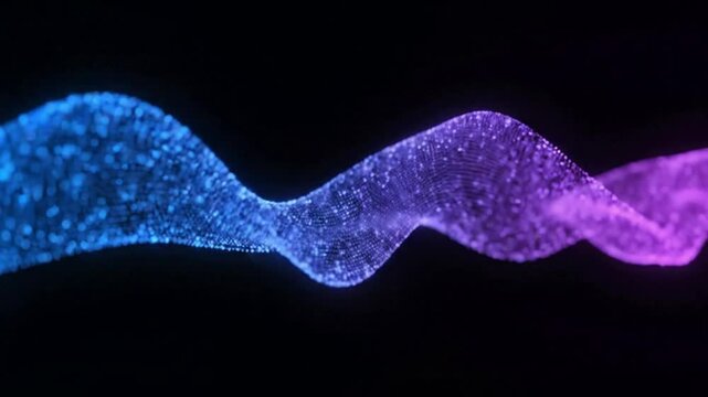 Abstract blue and purple particle wave motion, digital data flow background, futuristic technology concept, 3D particle animation