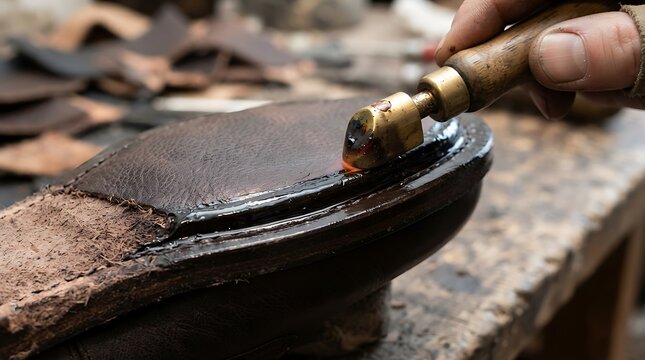 Close-Up of Cobbler Burnishing Leather Shoe Sole Edge with Heated Tool in Workshop