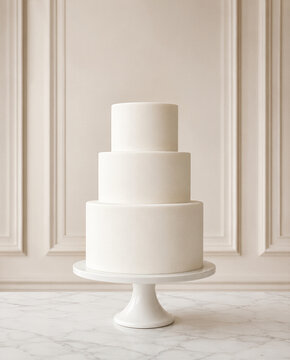 Blank white three-tier wedding cake mockup on ceramic pedestal stand over marble table. Minimalist plain fondant cake template for bakery branding and event design.
