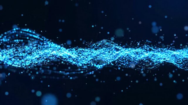 Abstract blue particle wave flow, digital data stream background, glowing cybernetic network motion particles