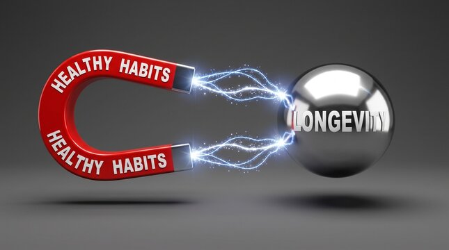 Red magnet labeled healthy habits attracting a silver metallic sphere labeled longevity with electric sparks