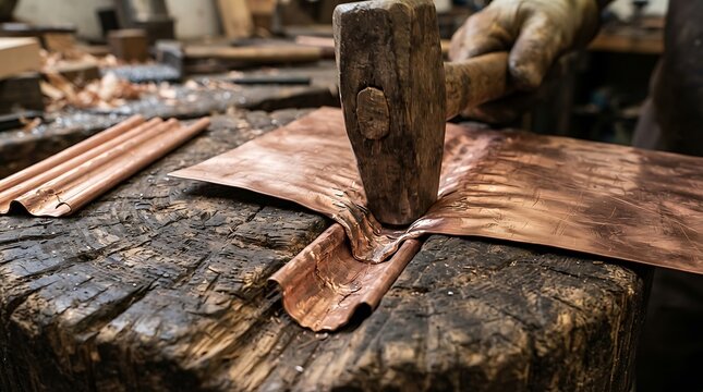 Coppersmith shaping metal sheet with a heavy hammer on a wooden stump in a traditional workshop