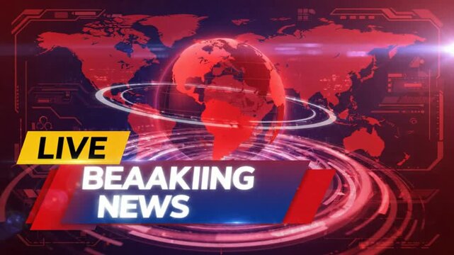 Live breaking news broadcast intro with rotating 3D globe and digital hud interface background, live broadcast