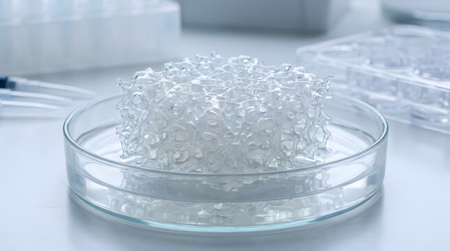 Porous translucent biocompatible scaffold structure sits inside a clear glass petri dish under bright clinical lighting for advanced medical testing
