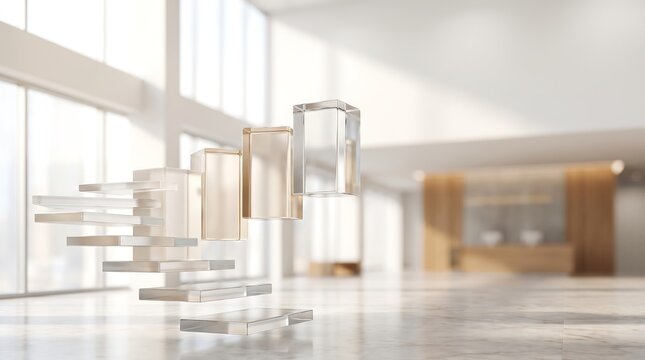 Floating transparent glass blocks forming abstract ascending staircase in bright minimalist lobby with marble floor and soft natural light from large windows.