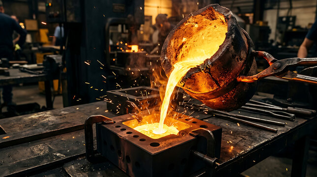 Molten metal pouring from industrial furnace in factory.