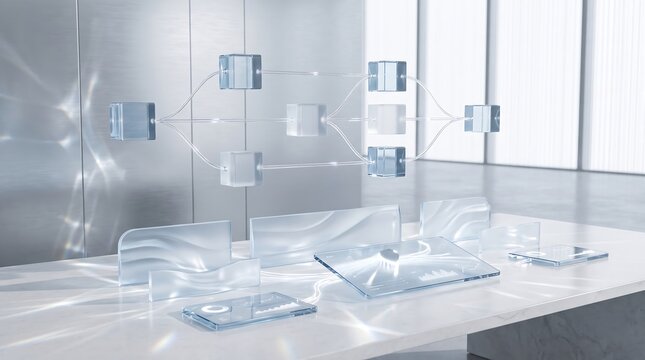 Digital data network concept with floating glass cubes connected by glowing light lines on clean marble table with holographic interface and analytical displays.