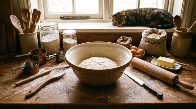 Rustic kitchen countertop with rising dough in mixing bowl, surrounded by baking tools and ingredients, cat resting on windowsill in warm natural light.