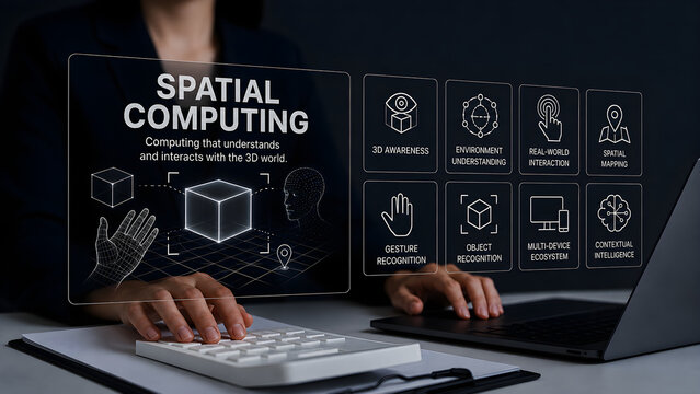 Spatial computing concept on a holographic interface that understands the 3D world through gesture and object recognition, immersive technology dashboard used by a businesswoman at an office desk