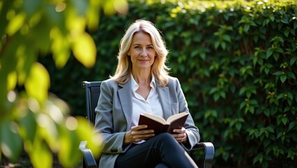 Obraz premium Mature businesswoman relaxing outdoors, sitting in chair with book, enjoying leisure and learning in a green environment