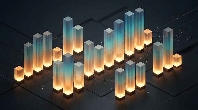 Glowing bar graph visualization featuring translucent vertical pillars with vibrant orange and blue gradient illumination rendered in modern digital style