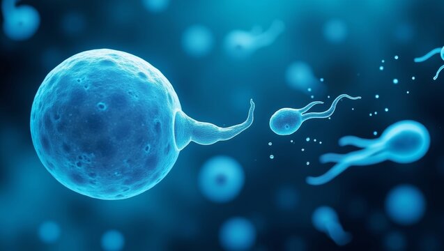 Human egg cell interacting with sperm cells, representing the intricate process of fertilization and the start of conception