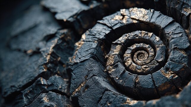 Close-up of Spiral Fossil on Rock Surface in Nature.