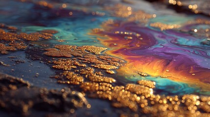 Obraz premium Colorful Oil Slick Reflection on Water Surface.