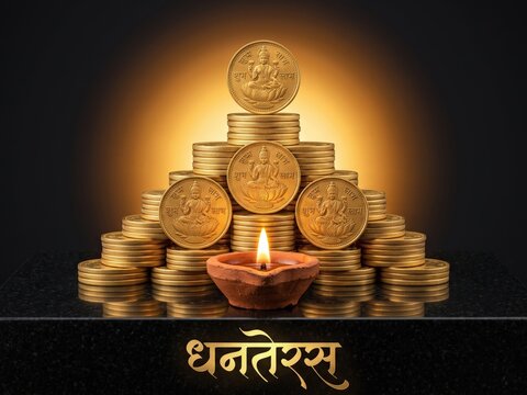 Kubera Lakshmi Gold Coin Pyramid &ndash; Dhanteras Wealth and Diwali Symbol.